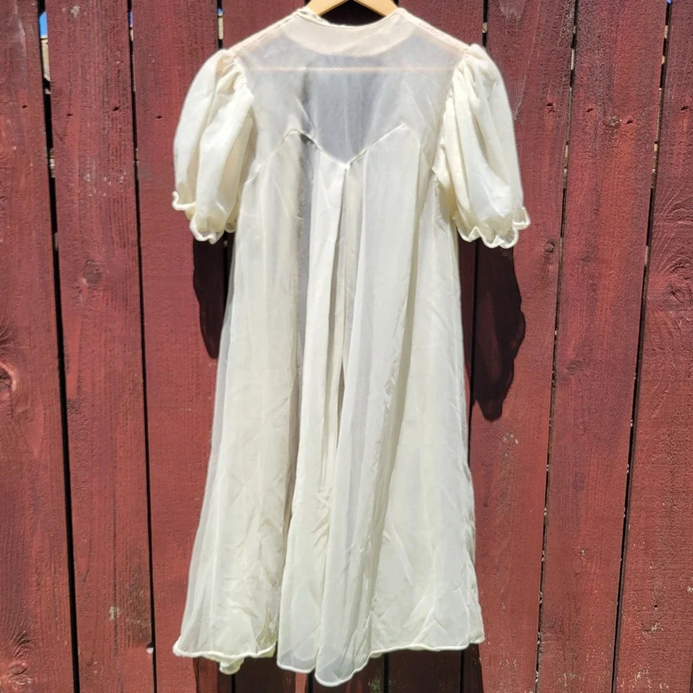 Vintage Seamprufe Peignoir Robe & Nightgown Set Ivory Chiffon Lace Detail Sz 34